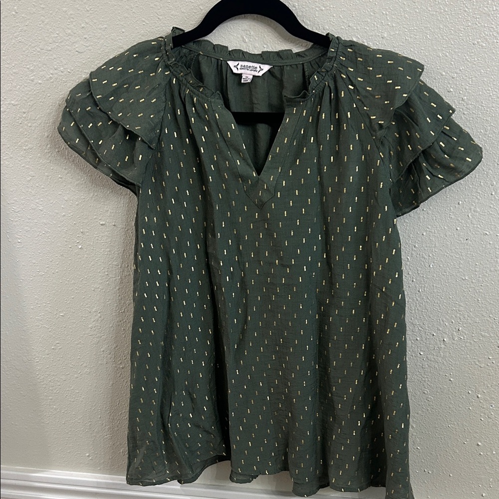 Nanette Lepore Olive Blouse with Gold Accents
